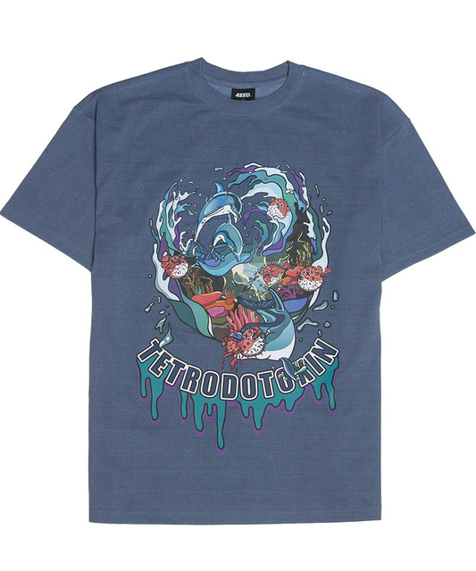 오버핏 돌고래 피그먼트 티셔츠 - 블루